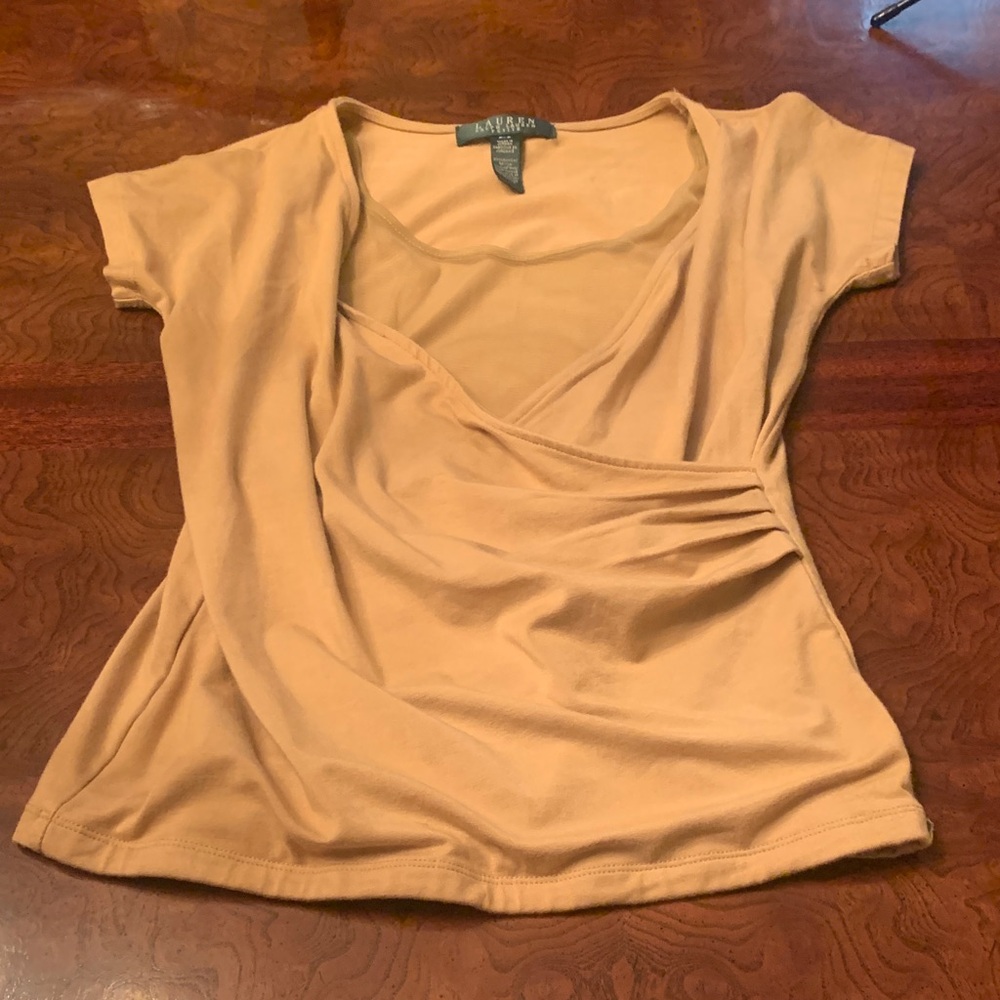 Lauren Ralph Lauren Short Sleeve Draped Wrap-Front Top in Camel